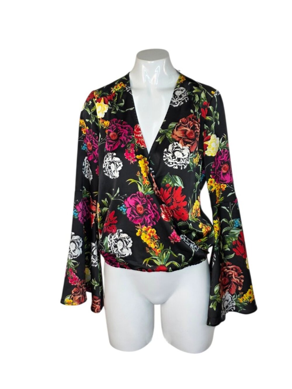 Guess Tia Surplice Bell Sleeve Blouse, V-Neck, Floral, Long Sleeve, Size XS